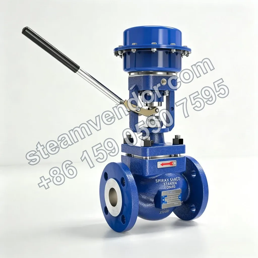 Spirax Sarco ABV40i DN40 pneumatic boiler blowdown ball valve product view, featuring a blue pneumatic actuator and manual emergency long lever