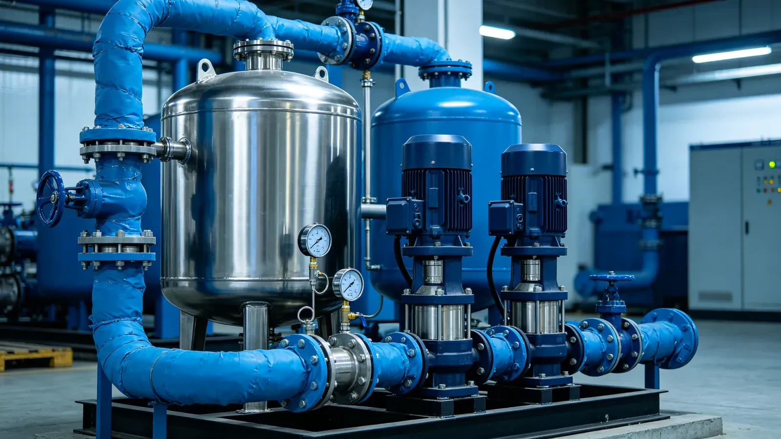 Layout schematic of collection tanks and recovery pump sets in a closed condensate recovery system