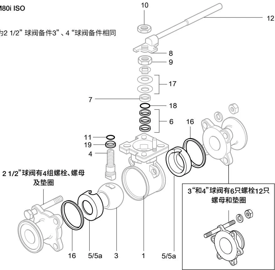 M80i ISO 2 1/2" ball valve spare parts exploded view